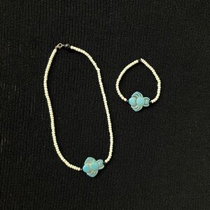 Turquoise and Cream Beaded Necklace and Bracelet Set